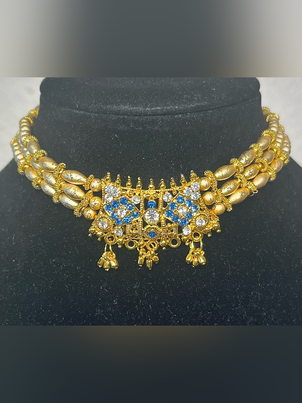 Vintage Indian Gold and Blue Statement Choker Necklace